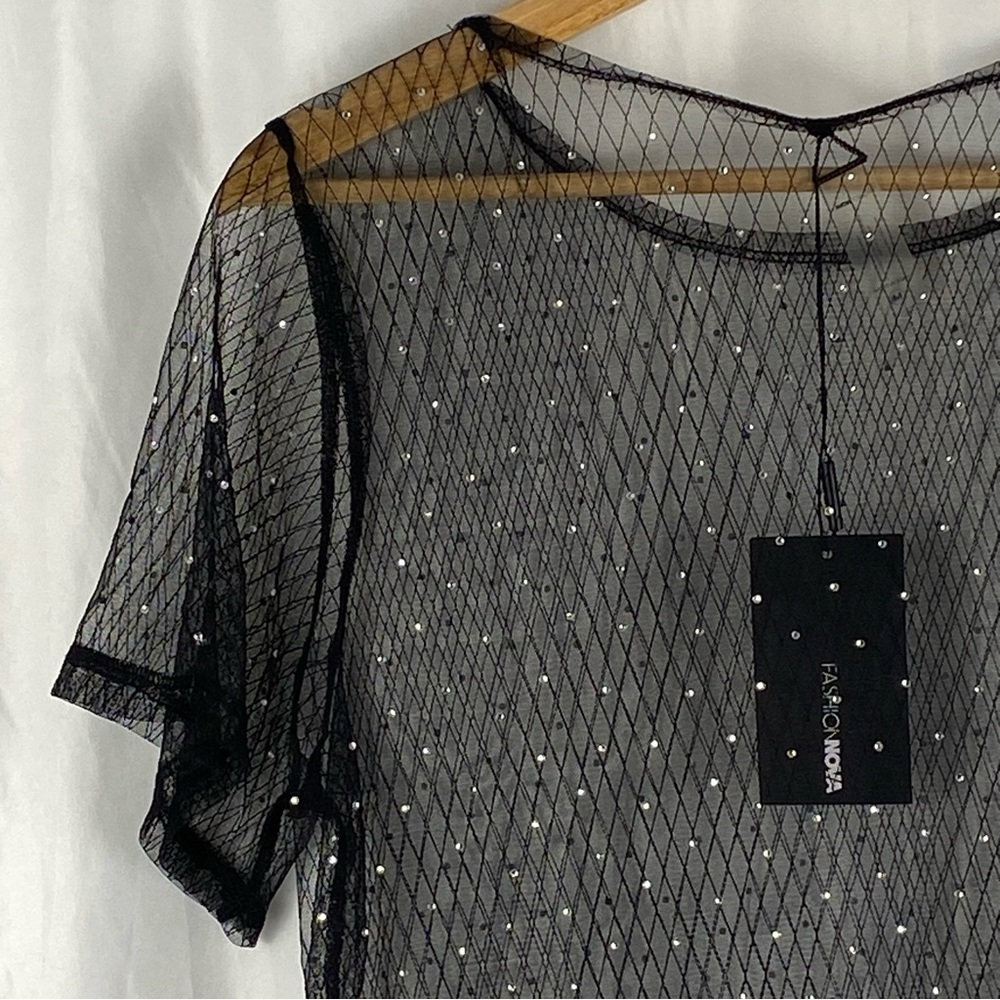 Fashion Nova Black Sheer Short Sleeve Dress with Silver Accents Size Medium - Picture 11 of 16